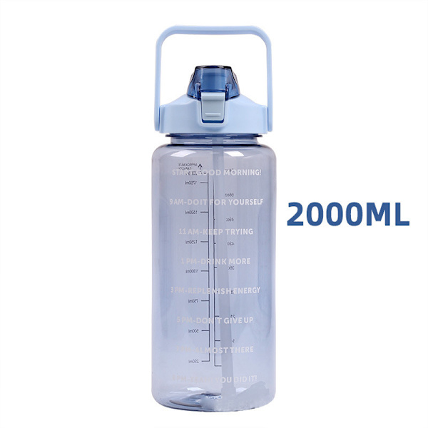 2 liters vattenflaska med sugrör Stor bärbar sportvattenkopp Blå 2000ml