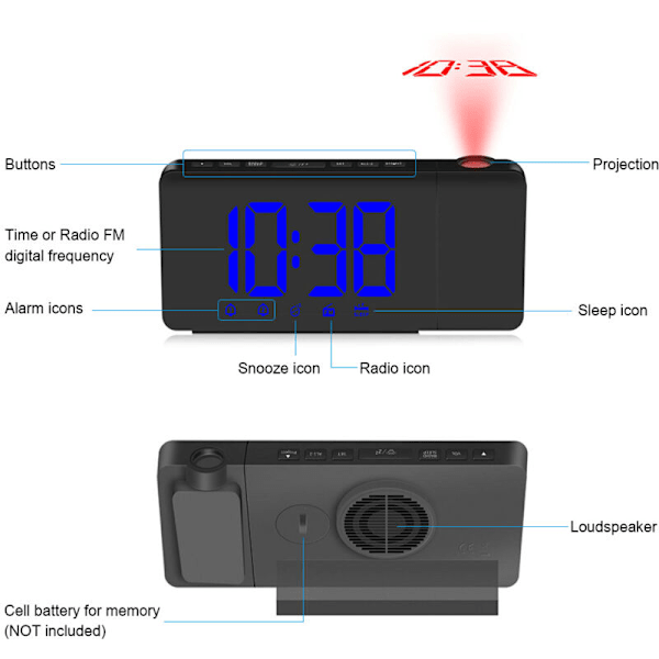 LED projektionsväckarklocka med USB-kontroll, FM-radio med variabel intensitet, skrivbordsklocka med roterande projektor, dubbellarm, snooze-funktion - blå