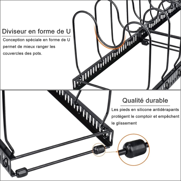 Potställ i rostfritt stål, förvaringsställ för kök med 10 justerbara fack, perfekt för köksredskap, kastruller, stekpannor, lock (svart)