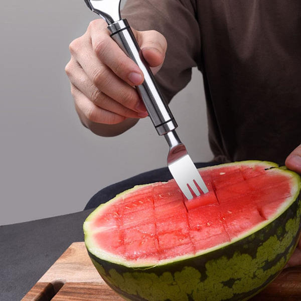 Vannmelon Skjærer Gaffel-Rustfritt Stål Sommer Vannmelon Kutting Verktøy 2-i-1-Frukt Terning Maskin-Multifunksjonell Husholdning Kjøkken Gadgets
