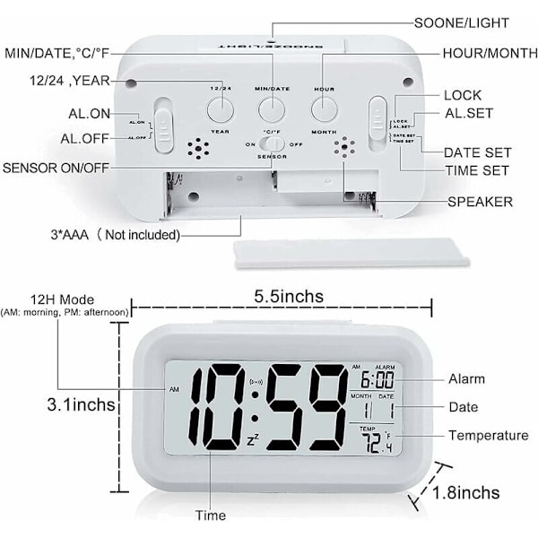 Digital Väckarklocka, Digital Klocka Batteridriven Tyst Väckarklocka för Barn Vuxna Stor LED-Display Temperatur Kalender (Vit)
