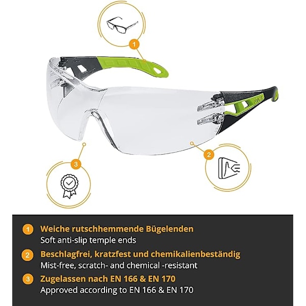 Skyddsglasögon, klara PC-linser, anti-imlinser, reptåliga - kemikalier, UV400-skydd, lätta