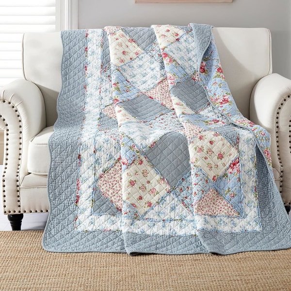 Blå sengetæppe 150x200cm, blødt og behageligt 100% bomuld enkelt sengetæppe, blåt mønstret patchwork sengetæppe, ægte patchwork sengetæppe, egnet