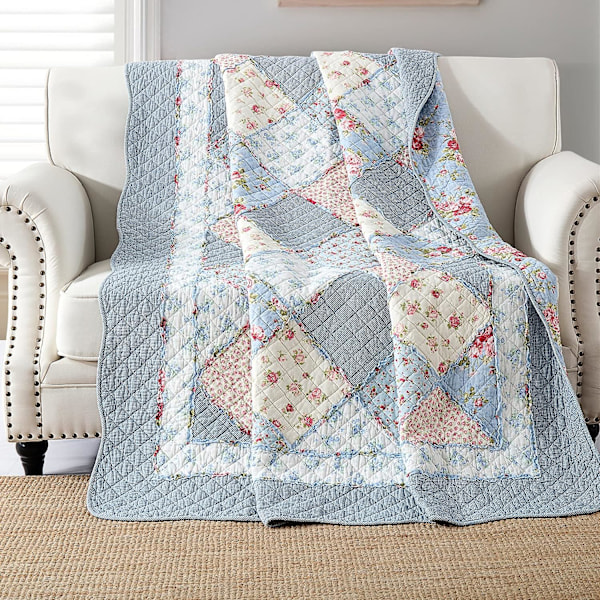 Blått sengeteppe 130x150cm, mykt og behagelig 100% bomull enkelt sengeteppe, blå mønstret patchwork sengeteppe, ekte patchwork sengeteppe, egnet