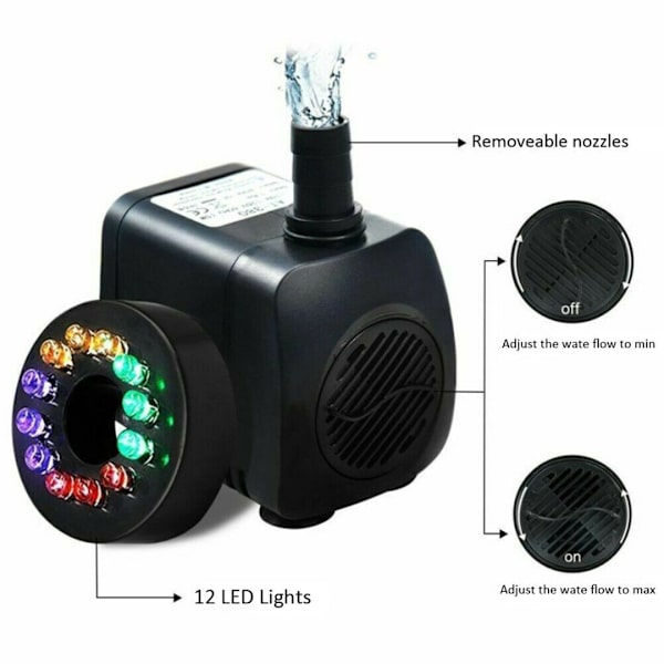 Färgglad nedsänkbar pump med ljus, 8W 220V nedsänkbar pump med 12 färgade LED-lampor för fontän, pool, trädgård, akvarium