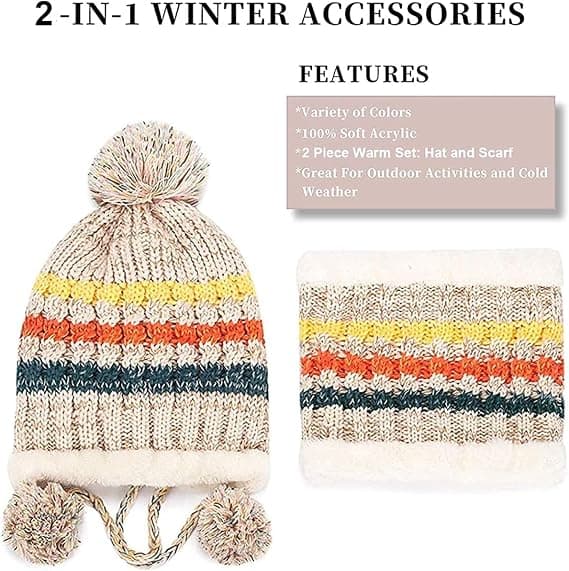 Fleecefodrad kvinnlig stickad mössa halsduk set flickor vinter skidmössa(Beige)