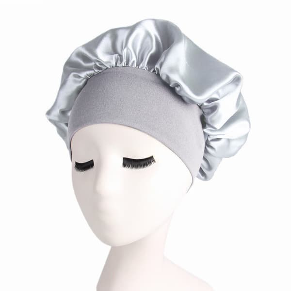 Sovesilke scrunchie, krøllet silkehat natkappe, løs stram bånd natkappe, blød satin hætte (sort + sølv)