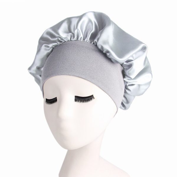 Sovesilke scrunchie, krøllet silkehatt nattlue, løs stram bånd nattlue, myk satenghette (svart + sølv)