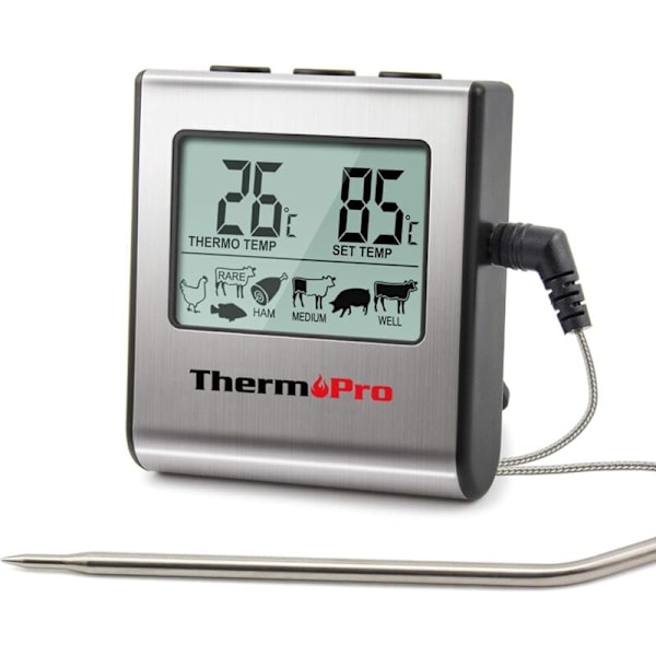 TP16 Matlagingstermometer for digitalt kjøtt med stor LCD-skjerm for røykeovn, kjøkken, grilltermometer med timer og rustfritt stål tem