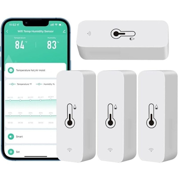 4-pak WiFi Hygrometer til hjemmet, indendørs og udendørs - Trådløs temperatur- og fugtighedssensor med fjern-app-alarm, fungerer med Tuya-app