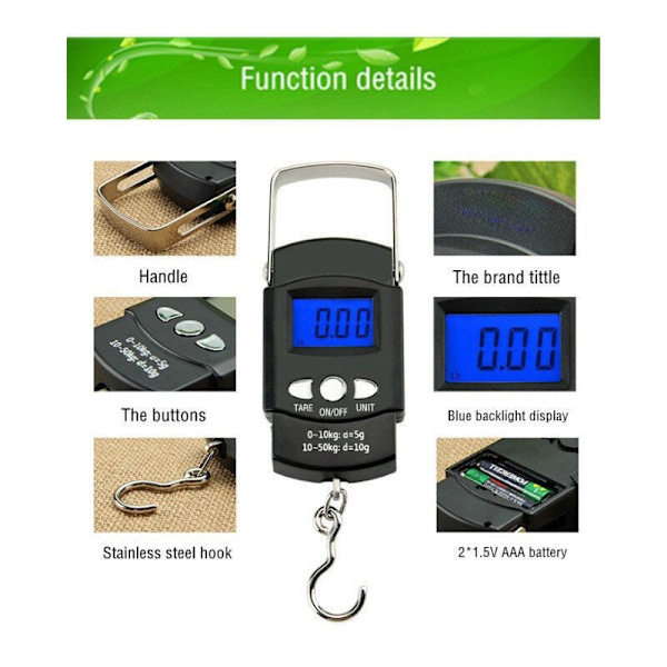 Fiskevåg elektronisk krok, digital elektronisk våg bakgrundsbelyst LCD-skärm 50 kg / 110 lb - brett rostfritt stålhandtag - 2 A
