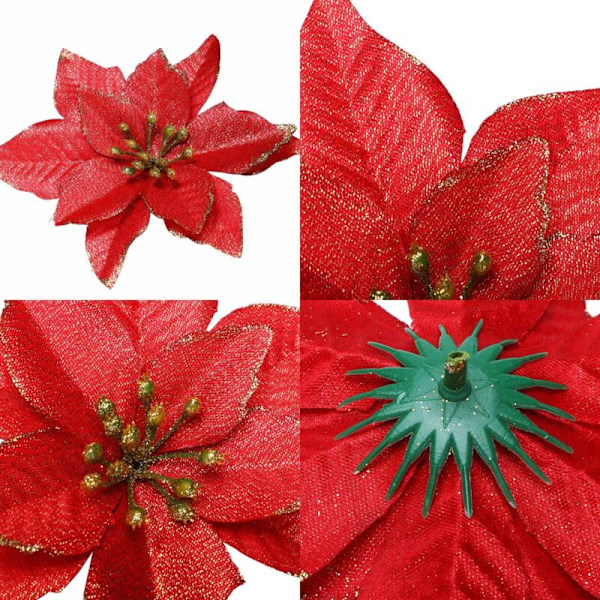 Pakke med 36 juledekorasjoner i glitter, julestjerner, juletreblomster, rød, gull, hvit, sølv, til juletrepynt,