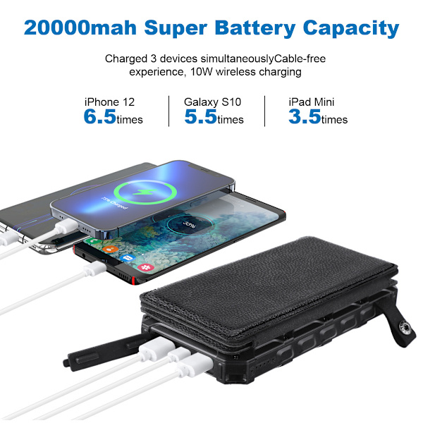 Uusi taittuva aurinkovoimapankki - 20000mAh langaton latausvirtapankki voimakkaalla valaistuksella