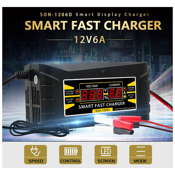 Passer til SON1206D batterioplader med bilkabel, smart batterioplader, hurtig remvisning (12v6a)