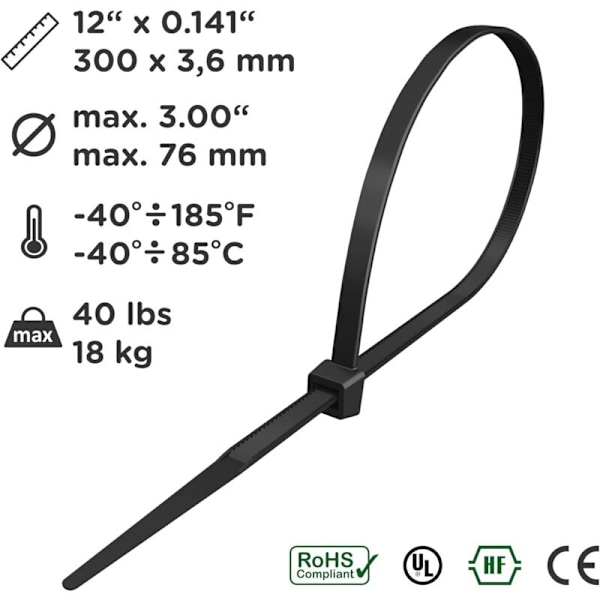 300 mm x 3,6 mm strammehalskæde, kabelbinder, rilsan nylonkabler drivhus, 300 mm tætte halskæder, sort, sæt med 100 stk.