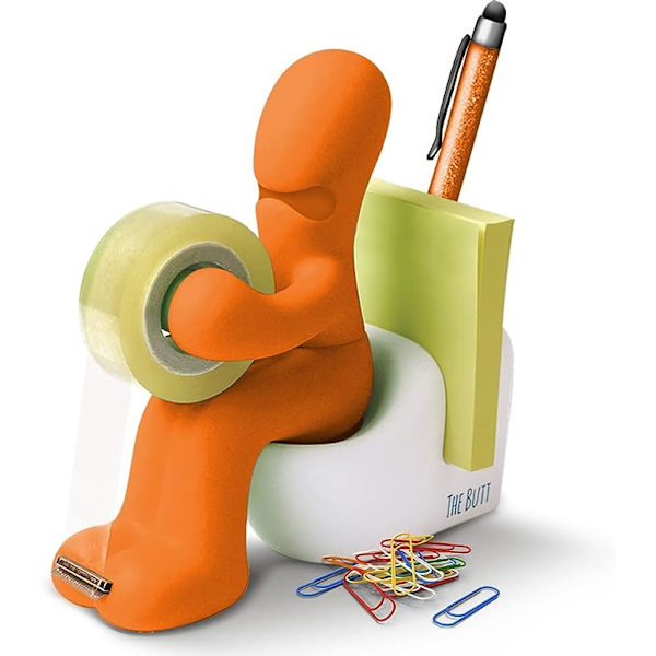 Kontorartikler - Sjov tape dispenser - Sjovt og sejt kontortilbehørsholder med tape rulle, papirclips, sticky notes og pen inkluderet (Orange)