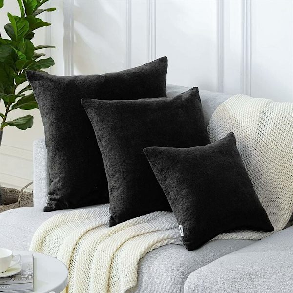 Set med 2 putetrekk 45x45cm Dekorativ Chenille Sofa Dekorative Putetrekk for Soverom Firkant Ensfarget for Stol, Bil, Kontor, Svart