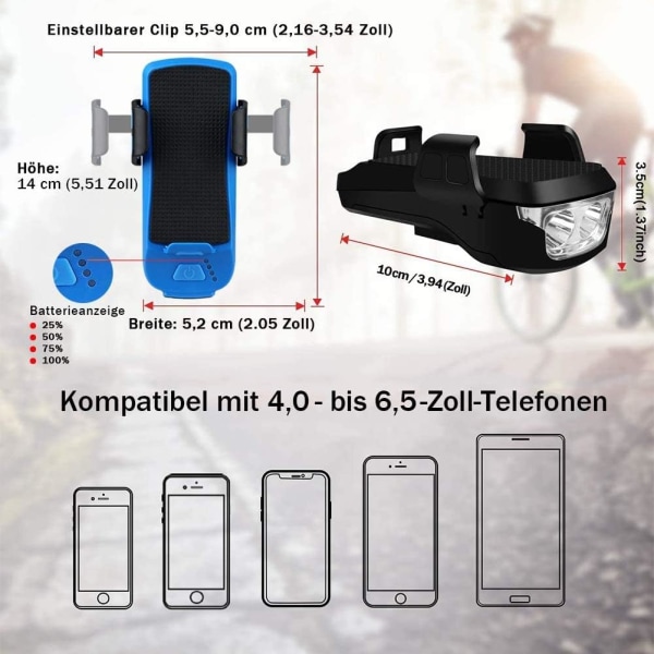 USB genopladelig vandtæt cykelhorn med mobiltelefonholder (2400mAh blå)