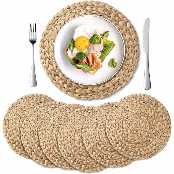 Naturliga vävda vattenhyacint-placemats, runda vävda placemats, vävda halmplacemats, set om 6 (30 cm)