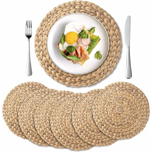 Naturlige vevde vannpistol plassmatter, runde vevde plassmatter, vevde strå plassmatter, sett med 6 (30 cm)