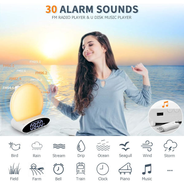 Väckarklocka med soluppgångssimulering för tunga sömnare, 7 färger, ljudmaskin för sömnstöd med solnedgångssimulering för barn och vuxna, dubbla snooze-larm, FM-radio