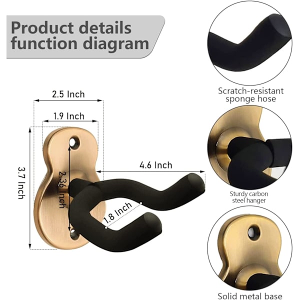 2-pack väggfäste för akustisk gitarr, gitarrställ, gitarrställ med skyddande svamp, kompatibel med alla storlekar av akustisk gitarr, fiol, ukulele, mandolin