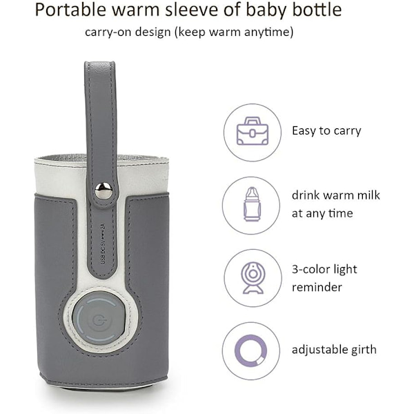 Flaskevarmertrekk, USB-flaskevarmerpose, bærbar babyflaske-matvarmer, 3 temperaturjusterbar, reise smart isolasjonsmelkflasketrekk Ba