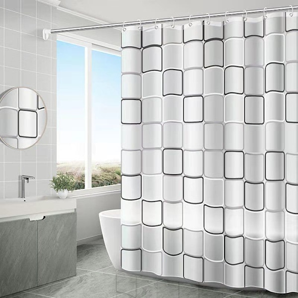 Snabbtorkande duschdraperi, tvättbar polyester som kan tvättas i maskin, halvtransparenta badrumsgardiner med 12 krokar 200 x 200 cm vit