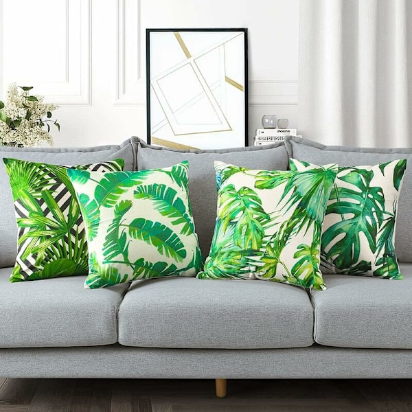 4 kappaleen setti (45 x 45 cm - Trooppiset kasvit 01) Vedenpitävät ulkotyynynpäälliset vihreällä trooppisella kasvikuvioinnilla sohvalle, terassille, puutarhaan, makuuhuoneeseen, d