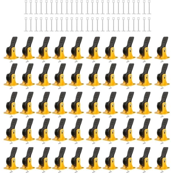 (yellow + black) 100 Tile Leveling System Set, 50 Tile Levelers and 50 Replacement T-Nails for Floors and Walls - Tile Spacer Clips