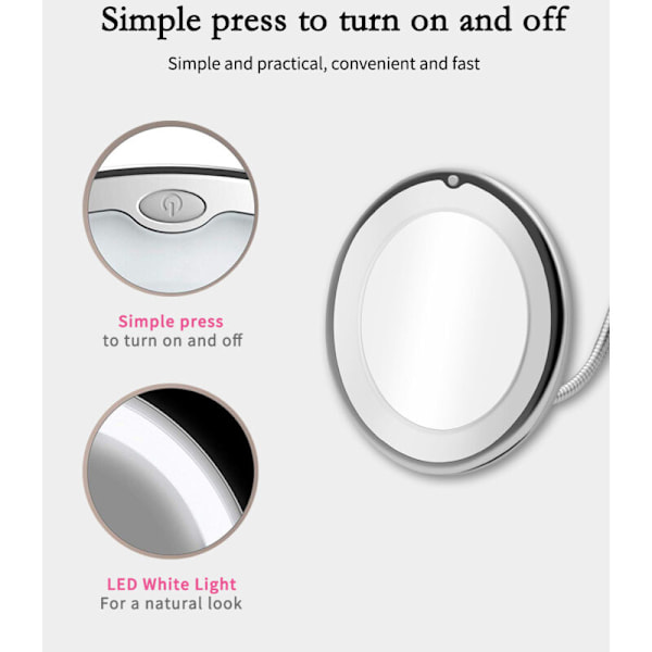 LED Sminkspegel, Flexibel Förstoringsspegel med LED-ljus 10x Förstoring, Stark Sugkopp, Sminkbordsspegelbelysning, Sminkspegel
