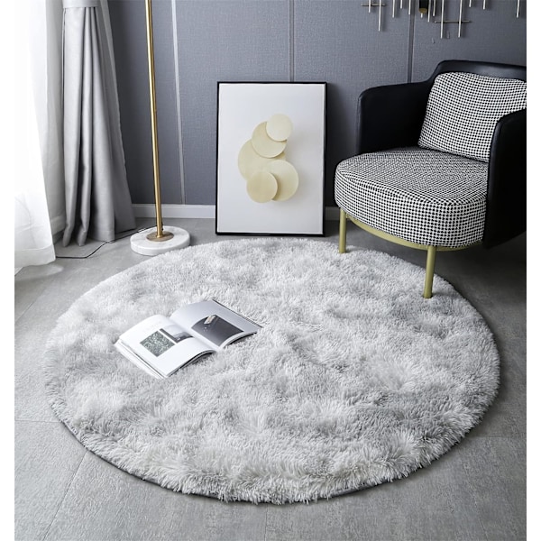 Rundt tæppe, shaggy, moderne, til stue, soveværelse, spisestue eller børneværelse, behageligt shaggy gulvtæppe skridsikkert tæppe (Dye-Light Grey, 120cm X