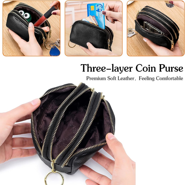 Genuine Leather Coin Purse Portable Key Case Multifunction Coin Purse for Women Men Black