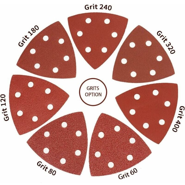 Delta-sliprondeller 70 stycken Mixpack 10 x korn 60/80/120/180/240/320/400 vardera, 90 x 90 x 90 mm för Delta slipmaskin, Självhäftande Trianglar