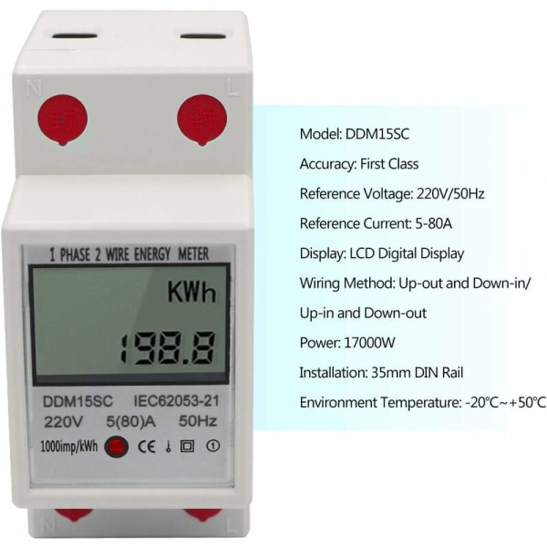 DDM15SC 220V/50Hz 5-80A Enkeltfase Multifunktionel Skinne Meter Elektrisk Energimåler