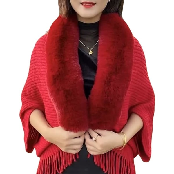 Stickad tjock damlös sjal poncho cape vändbar överdimensionerad lång stickad varm wrap för kvinnor damer på vintern (röd)