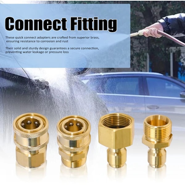 Hurtigkoblingssett for høytrykksspyler, 4 hurtigkoblinger for 14 mm M22 slange ved 3/8 tommer, høytrykks messing spyleradaptere