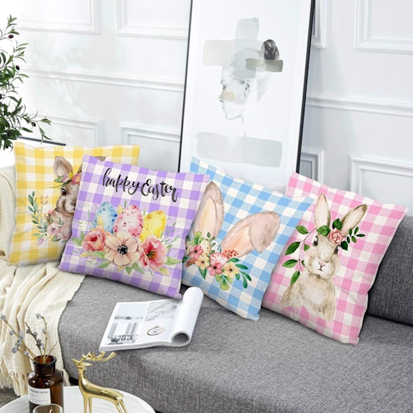 Påsk örngott Vattenfärg Kanin Blomma Ägg Kuddfodral Glad Påsk Kasta Kuddfodral Buffalo Plaid Vår Lantgård Prydnad 18 x 18 tum