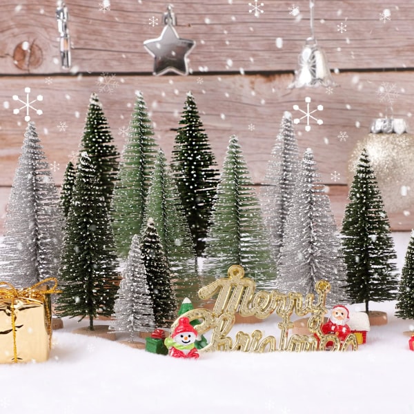 Mini juletre - Kunstig juletre flaskebørste juletre, Sisal snøtre med trebase for juledekorasjon julepar