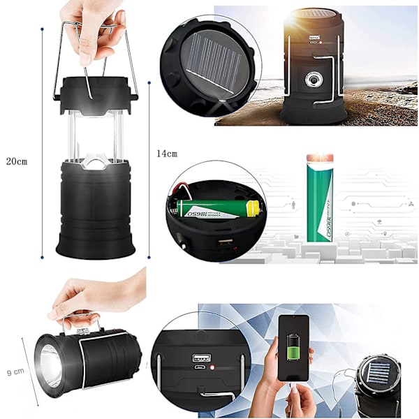 Campinglys - Solcelledrevet campinglys Hestelykt Multifunksjonell LED utendørs vanntett oppladbar lys Bærbar USB oppladbar campinglys