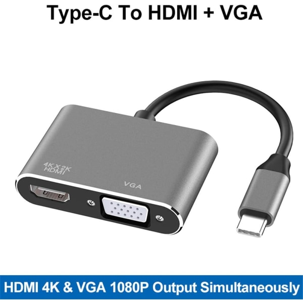 USB C til HDMI VGA-adapter, 2 i 1 Type C til HDMI 4K, VGA 1080P kompatibel med MacBook Pro/Air 2020 2019, iPad Pro, Surface, grå