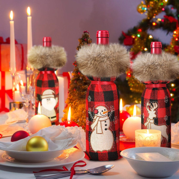 6 stk Christmas Buffalo Plaid Vinflasketrekk Dekorativ Vin Bo