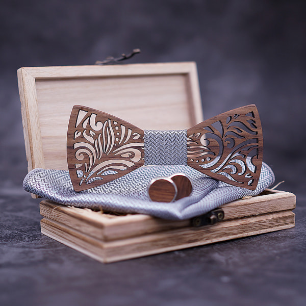 Håndlavet træ butterfly, justerbar størrelse, klassisk stil, trææske (inklusive manchetknapper, lommetørklæde og butterfly) til bryllup aften forretning