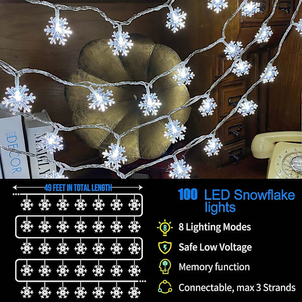 80 LED julsnöflingor, 32 fot snöflinga ljusslinga inomhus, 8 lägen plug in jul ljusslinga, vattentät julbelysning för Chr