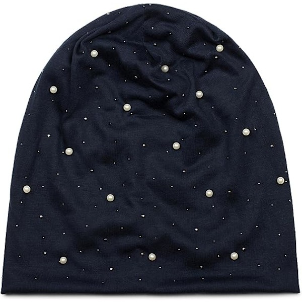 Sort hue med perler og strass, blød hue, unisex