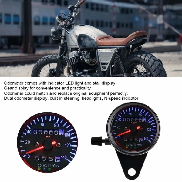 12V LED Baggrundsbelyst Motorcykel Cafe Racer Dobbelt Måler Speedometer Måler Kit