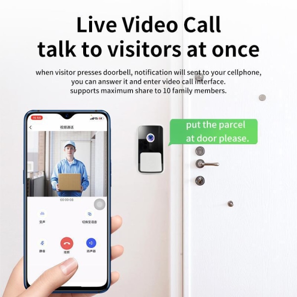 Videodörrklocka - låg strömförbrukning litiumbatteri - högupplöst nattvision övervakning wifi smart intercom kattöga