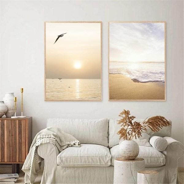 Sæt med 3 vægplakater, elegante, til stue, soveværelse, uden fotoramme, solnedgang og strandmønster, 30 x 40 cm
