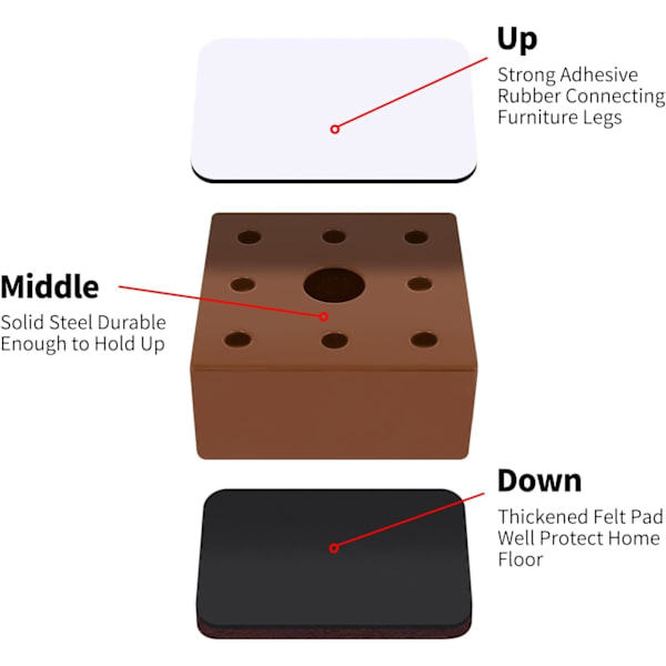 60*60*50mm Firkantet Boosterpude Brun 1*4 Stål Møbelholdere, Heavy Duty Seng og Bordbenholdere, 4 Møbelholdere til Sofa's Seng Møbler