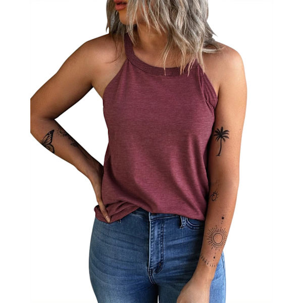 Kvinners sommer ermeløs halter topp t-skjorter crew neck trenings singlet casual plain cami skjorter（M）